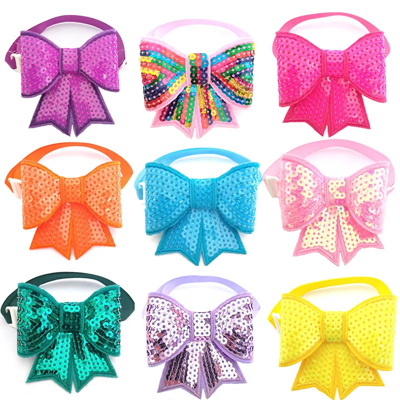 

50PCS Dog Accessories Summer Style Sequins Pet Dog Bow Tie Adjustable Cat Puppy Collar Bowties Dog Grooming Accessories