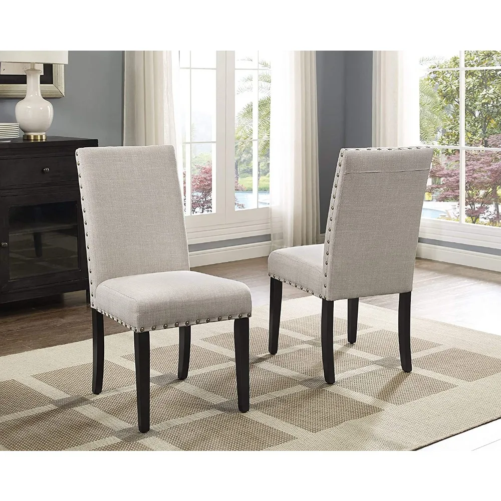 

Biony Tan Fabric Dining Chairs with Nailhead Trim, Set of 2, Brown, Tan