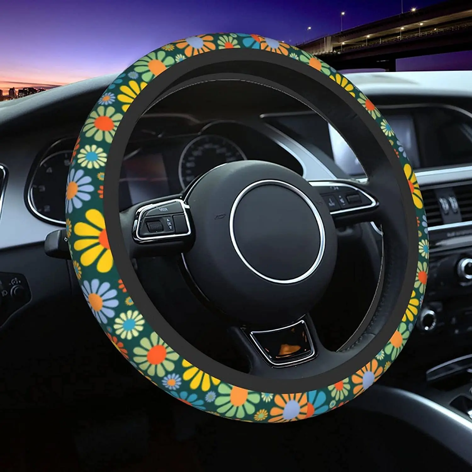 

Abstract Hippie Flower Steering Wheel Cover 15 Inch Car Wheel Protector Universal Automotive Accessories
