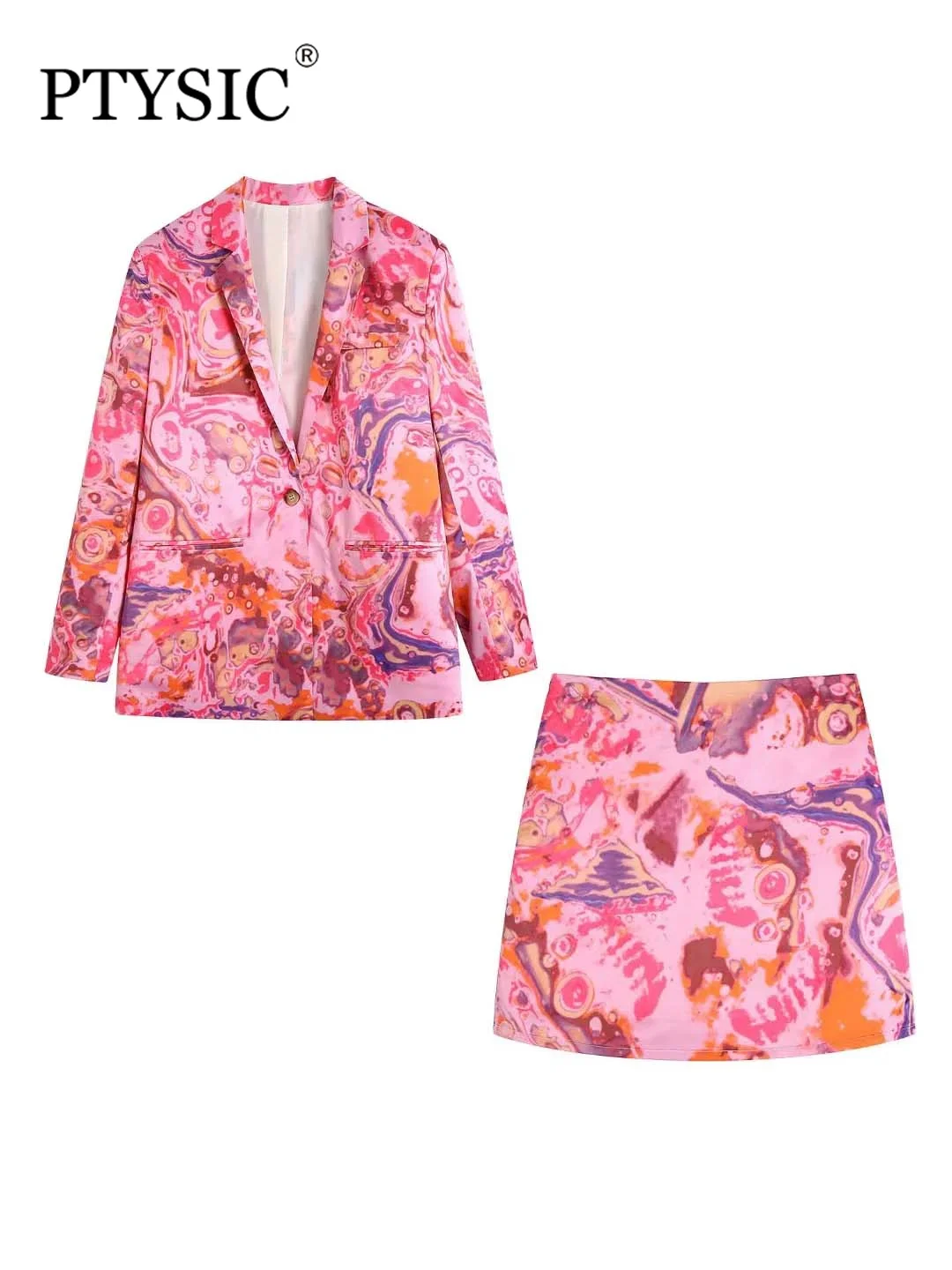 

PTYSIC Women Fashion With Print Full Sleeve Pockets Long Blazer Coat Zipper Fly Short Skirts 2022 Summer Casual Tow Piece Sets