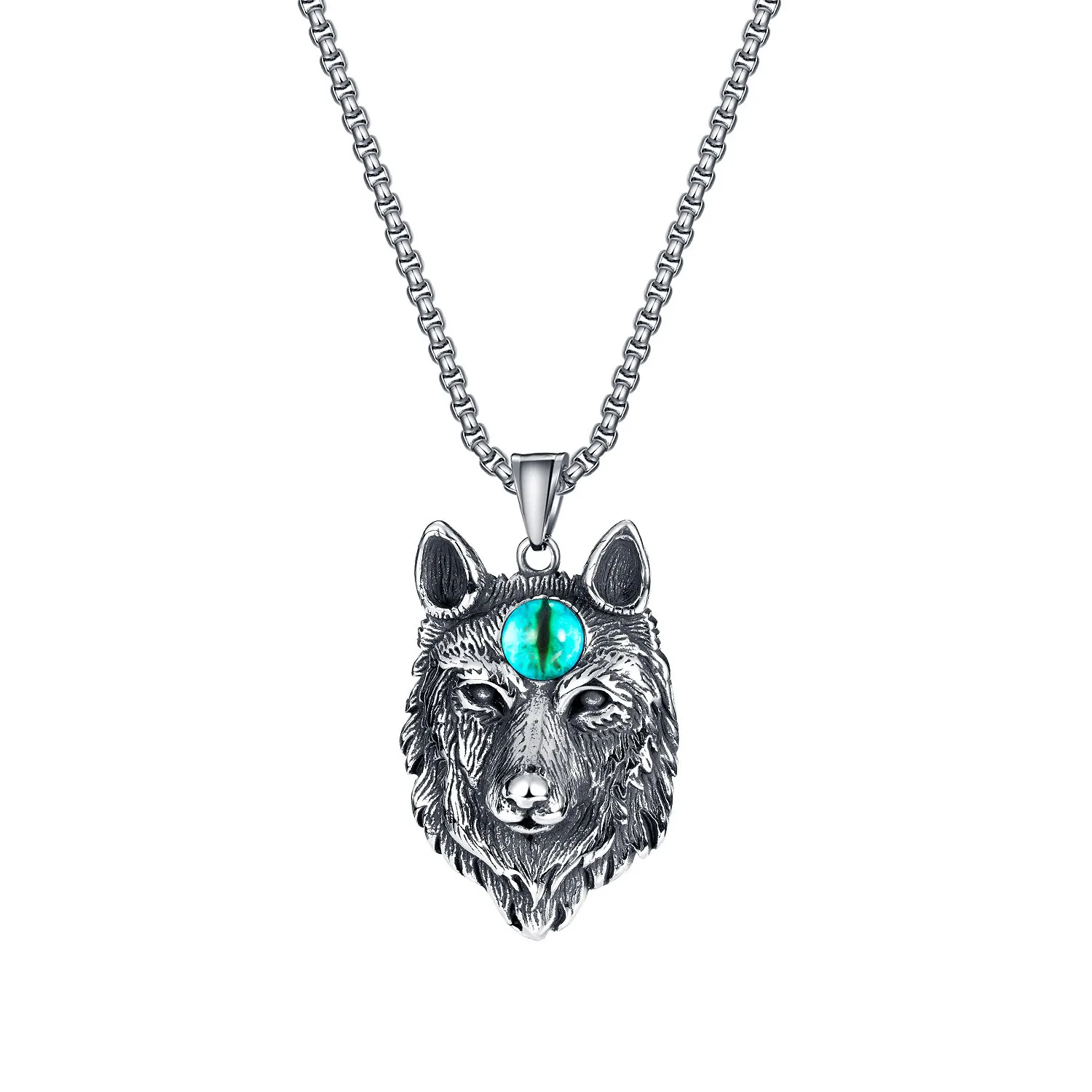 

Punk Punk Retro Titanium Steel Animal Wolf Head Eyeball Pendant Hip Hop Stainless Steel Men's Necklace