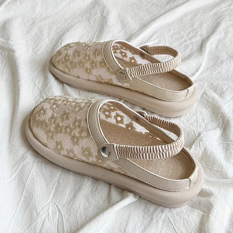 FAFA 2023 Summer New Japanese Two Wear Package Head Sandals Lace Breathable Soft Bottom Casual Hundred Hollow Flat Shoes Female