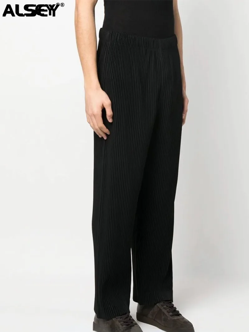 

Брюки ALSEY Miyake мужские Плиссированные, винтажные однотонные офисные прямые тонкие штаны в стиле Харадзюку, свободные эластичные повседневные