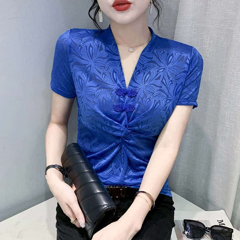 

New 2022 Summer Short Sleeved Women's T-Shirt Fashion Casual V-Neck Hollow Out Vintage Female Tops Elegant Slim Clothing