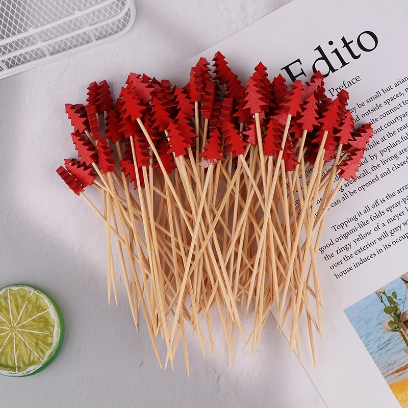 100pcs Christmas Fruit Stickers Santa Claus Snowman Xmas Tree Disposable Bamboo Sticks Merry Christma Cupcake Cake Decor 2024