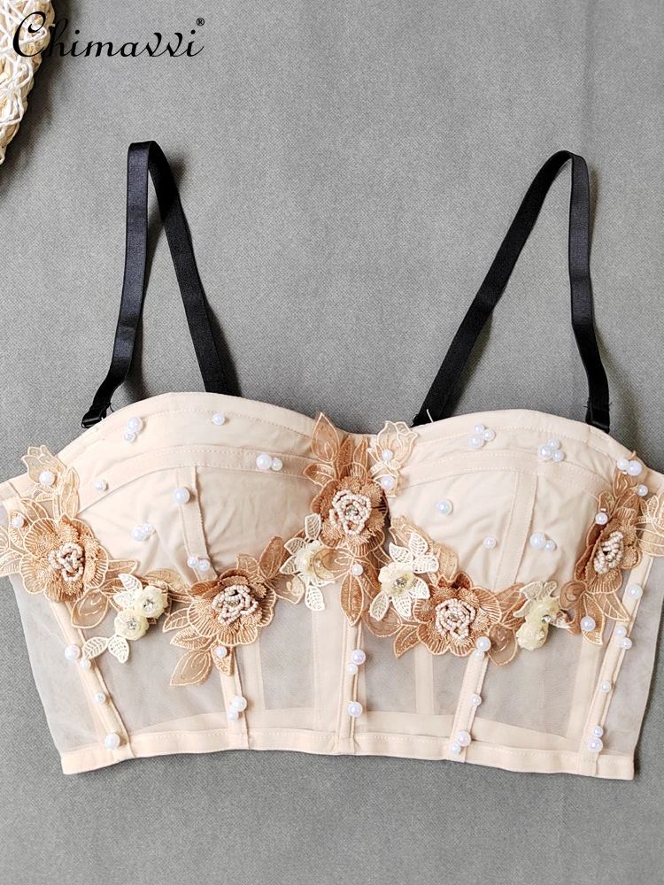

2022 Autumn New Fashion Beaded Diamond-Studded Short Mesh Sling Women's Sexy Three-Dimensional Embroidered Tube Top Female
