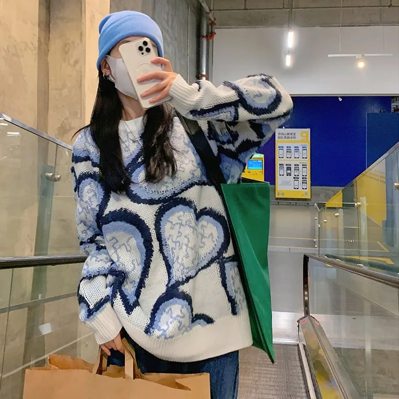 

Love Contrast Sweater Women's Autumn And Winter Thickening 2021 New Retro Lazy Loose Blouse Foreign Style Knit Sweater