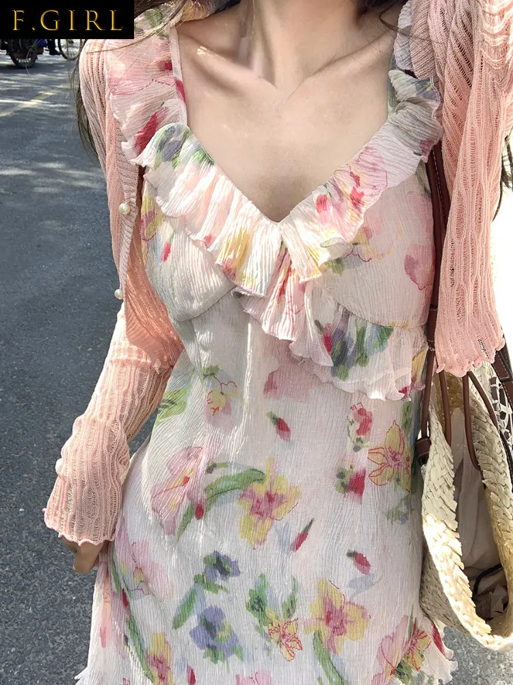 

Summer Dresses Women 2023 Summer Beach Style Sweet Floral Dress Women Sleeveless Elegant Midi Sundress Chiffon Casual Fashion P