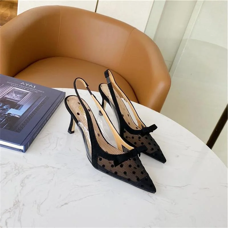 

Women's Sandals Polka-dot Mesh Pointed-toe Stiletto Slingback Bow Pumps Sexy Ladies Party Wedding Shoe Sandal Summer