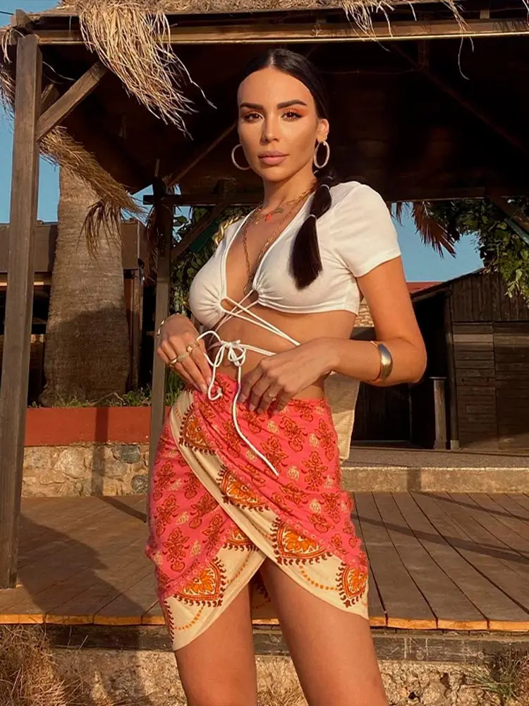 

Женская Повседневная трапециевидная юбка на шнуровке с принтом, привлекательные модные асимметричные юбки с высокой талией, женское Элегантное летнее пляжное мини-платье, 2022