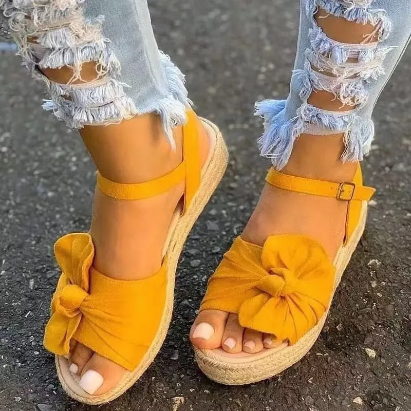 

2022 Women Casual Sandals Summer Shoes Hemp Flats Platform Ladies Bowknot Buckle Strap Fashion Woman New Peep Toe Female