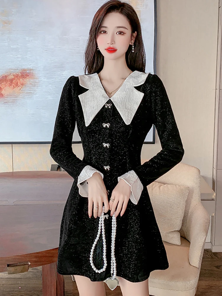 

Autumn Winter Red Sequins Sexy Club Mini Dress Black Korean Casual Women Party Dress 2023 Elegant Bodycon Luxury Chic Prom Dress