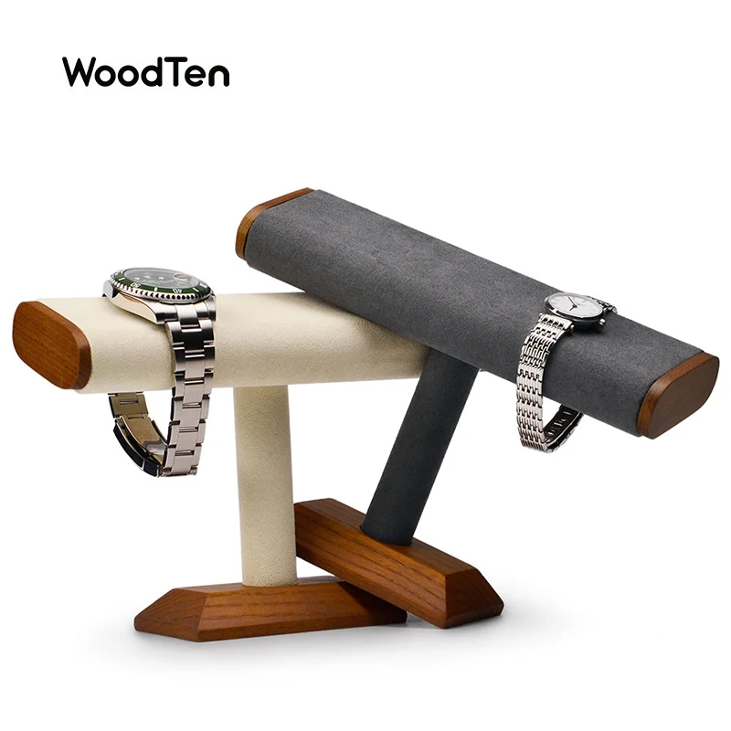 

WoodTen Wooden Watch Display Stand T Shape Jewelry Organizer Stand with Microfiber Necklace Storage Holder Newly