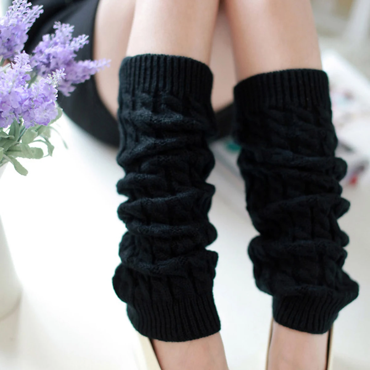 

Winter Black Warm Leg Warmers Knitting Knee High Socks Women Boot Topper Sock Skinny Stockings Girl's Foot Warming Cover