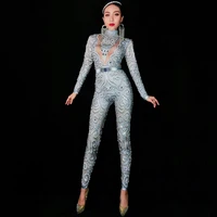 long sleeve jumpsuit women elegant pearls sexy elastic singer outfit birthday celebrate evening party wear concert stage costume