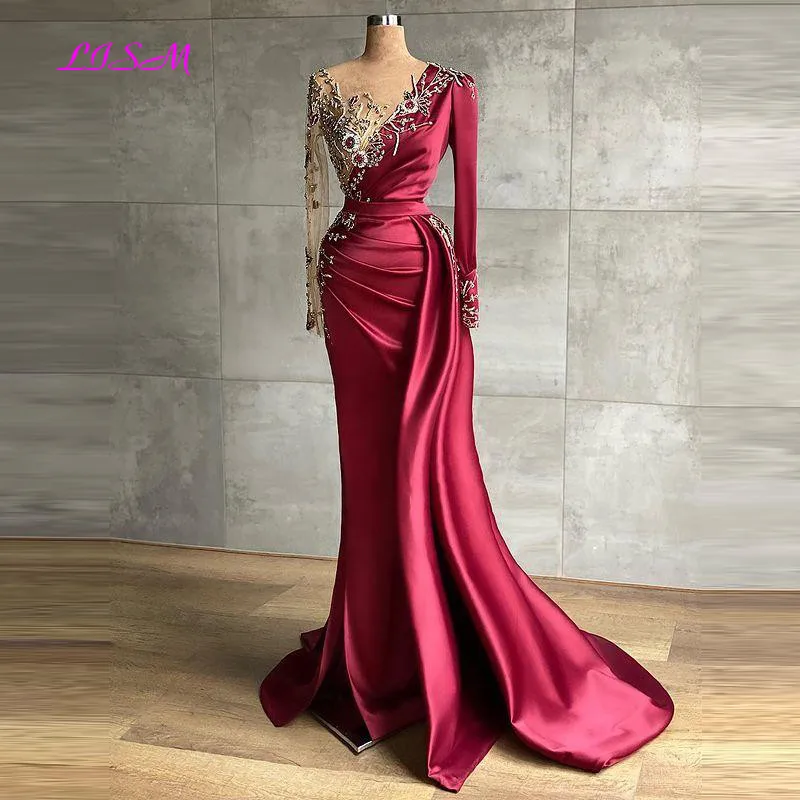 

Luxurious Arabic Aso Ebi Burgundy Mermaid Evening Dresses Beaded Crystals Sheer Neck Prom Party Dress Elegant Formal Gowns