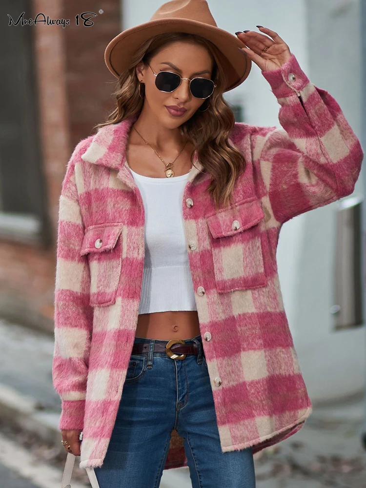 

Утепленные Клетчатые Шерстяные Пальто Mnealways18, свободная женская уличная одежда с карманами, Длинная Верхняя одежда 2023, Женская куртка оверсайз с рукавами-фонариками