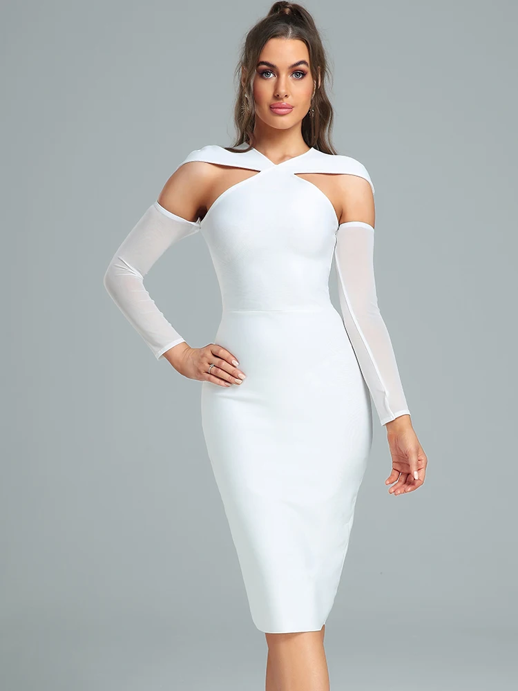 White Bandage Dress Midi Elegant Woman Evening Party Dress Bodycon Sexy Long Sleeve Cut Out Christmas Birthday Club Outfit 2023