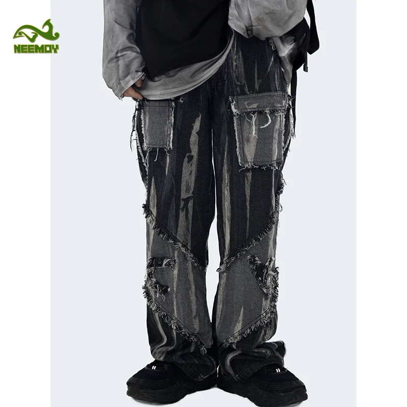Джинсы Neemoy мужские стрейчевые, рваные джинсовые брюки Slim Fit, классические модные штаны из денима, прямые брюки в стиле хип-хоп, черные
