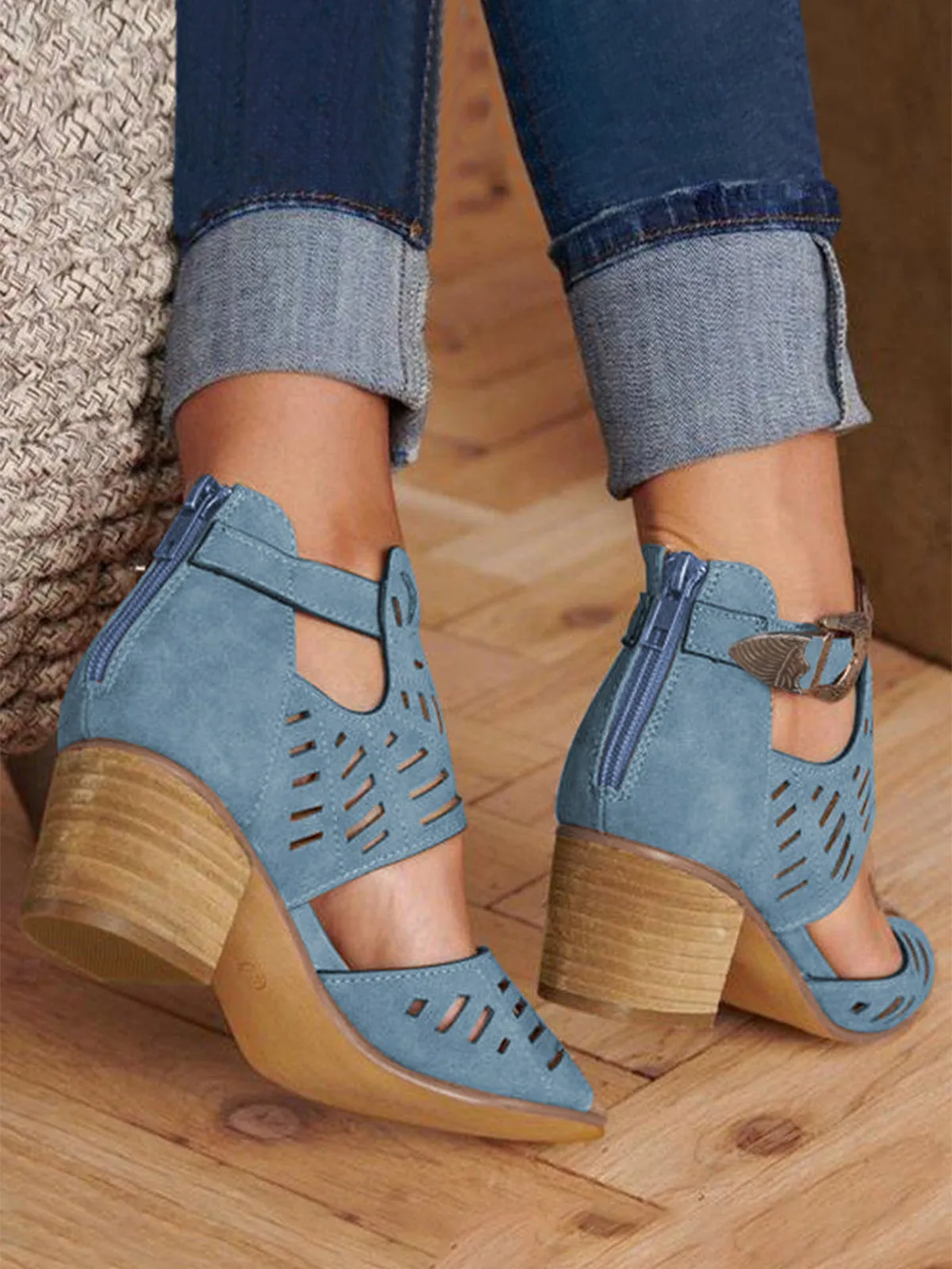 New Strap Zipper Hollow Out Blue Square Heel Sandals Peep Toe Sandals Women Sexy Heel Cross-Tied Pumps Summer Shoes Ankle Strap