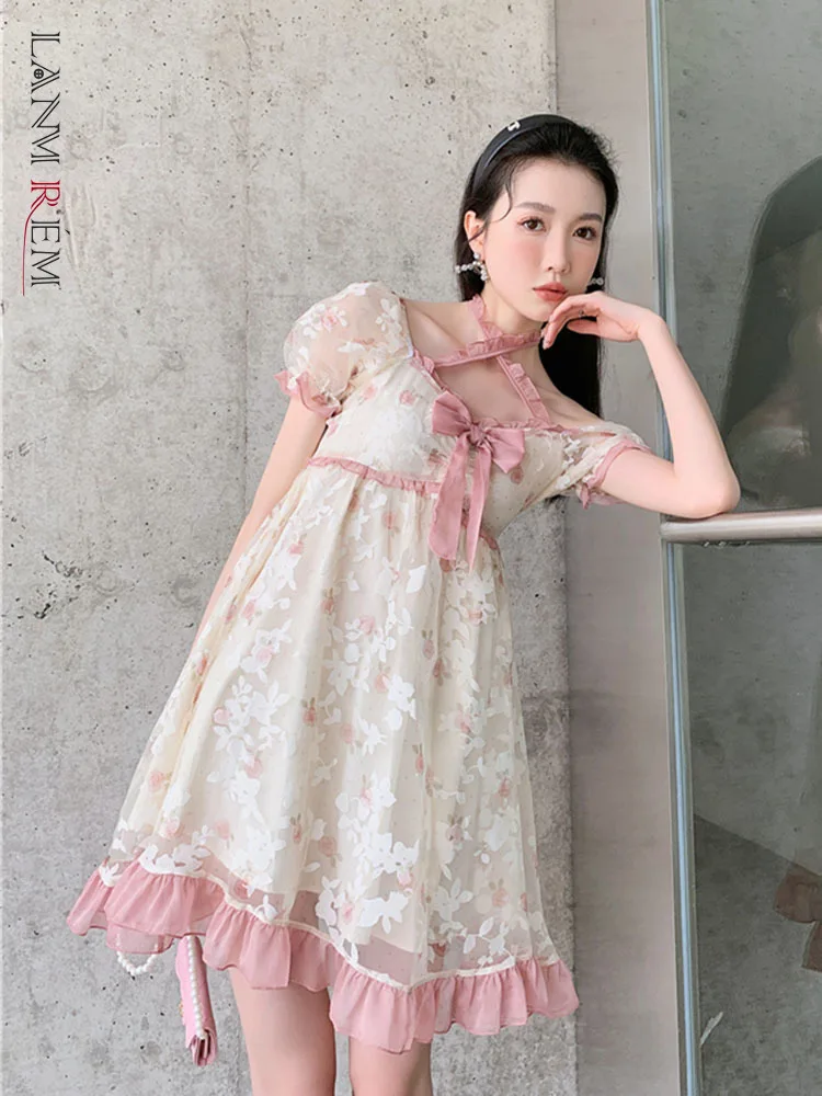 

LANMREM Floral Patchwork Summer Dress Female Cute Short Sleeves Ruffles Edge Sweet Mini Lace Dresses Fashion Clothing 2R3033