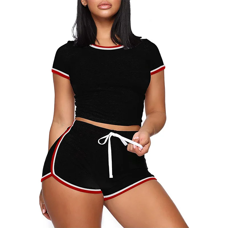 2pcs Loungewear Women Pajamas Outer Sportswear Home Clothes  Solid Stitching Short-sleeved Casual Lace-up Shorts Female