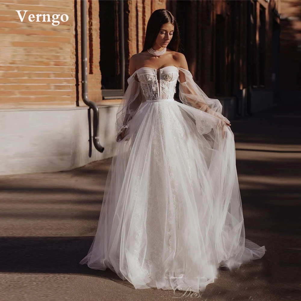 

Verngo A Line Lace Wedding Dresses With Tulle Overskirt Sweetheart Puff Long Sleeves Sweep Train Bride Gowns Robe de mariage