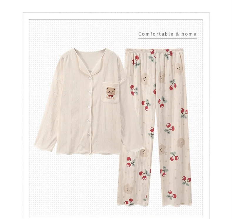 Yasuk Spring Autuum Fashion Women's Casual Sleepwear Homewear Lovely Sweet Girl Pajamas With Pants Soft Simple Bear Kawaii
