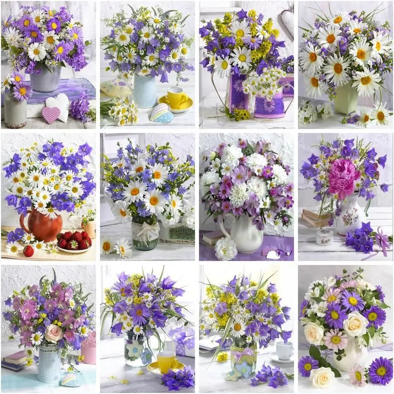 

CHENISTORY Diamond Painting Purple Flowers Cross Stitch Kit 5d Diy Mosaic Embroidery Daisy Full Square Rhinestone Crafts Gift