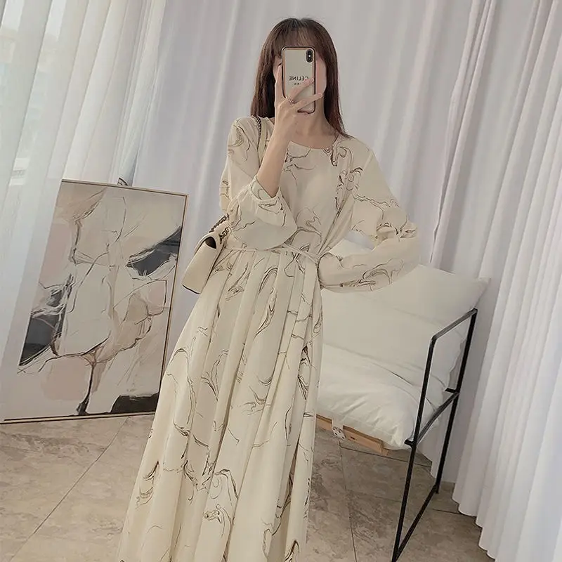 

Женское Плиссированное Платье с принтом, свободное платье с длинным рукавом и круглым вырезом в стиле ретро, весна-осень 2022