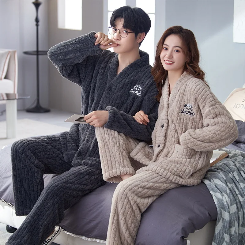 2022 Flannel Sleepwear New Women Men Winter Warm Fleece Couples Pajamas Set Lovers Nightgown Kimono Pijamas Home Clothes