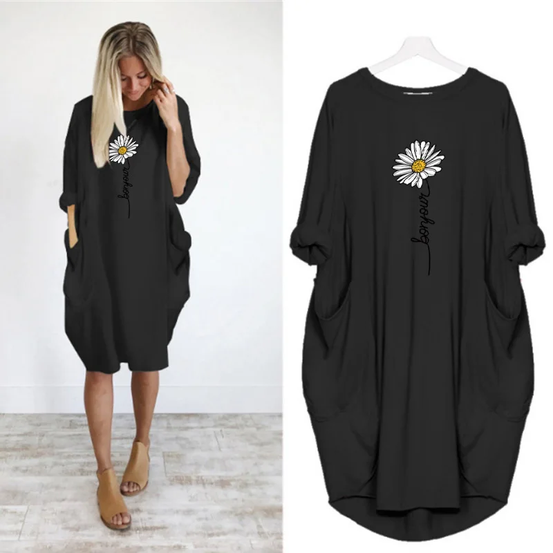 

2022 Early Autumn Fashion Women Dress Long Sleeves O Neck Pockets Pure Color Women Dresses Cute Print Loose Casual Femme Clothes