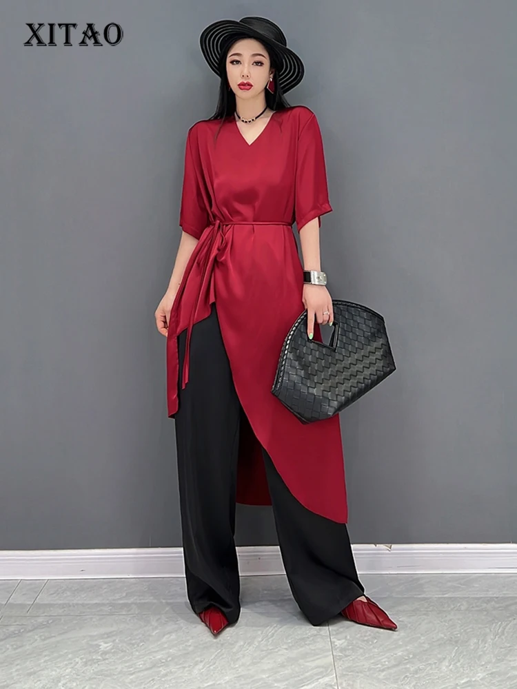 

XITAO Two Piece Set Women Irregular Solid Color Top Pleated Elastic Waist Full Length Pants 2022 Minority Loose WLD8226