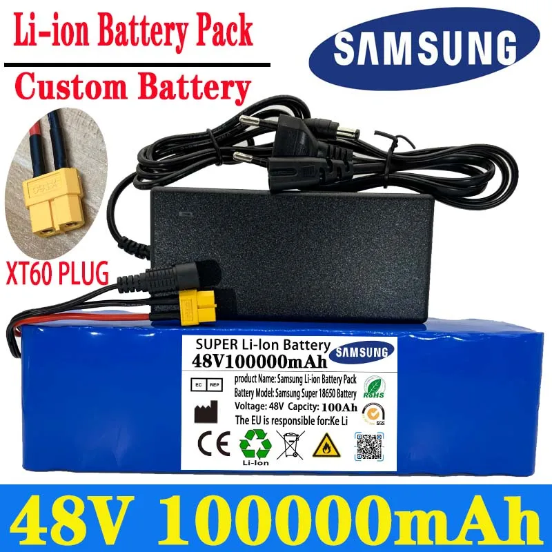 

New 2022 54.6V Electric Bike Lithium Ion 48V 100000Mah 13S3P Battery 100Ah 1000W For Electric Bike Scooter BMS With Charger