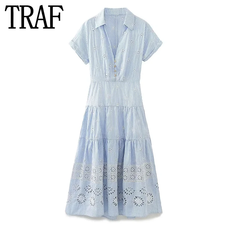 

TRAF Embroidery Blue Shirt Dress Woman Striped Cut Out Long Dresses Women Summer Short Sleeve Midi Dress Ruched Casual Dresses