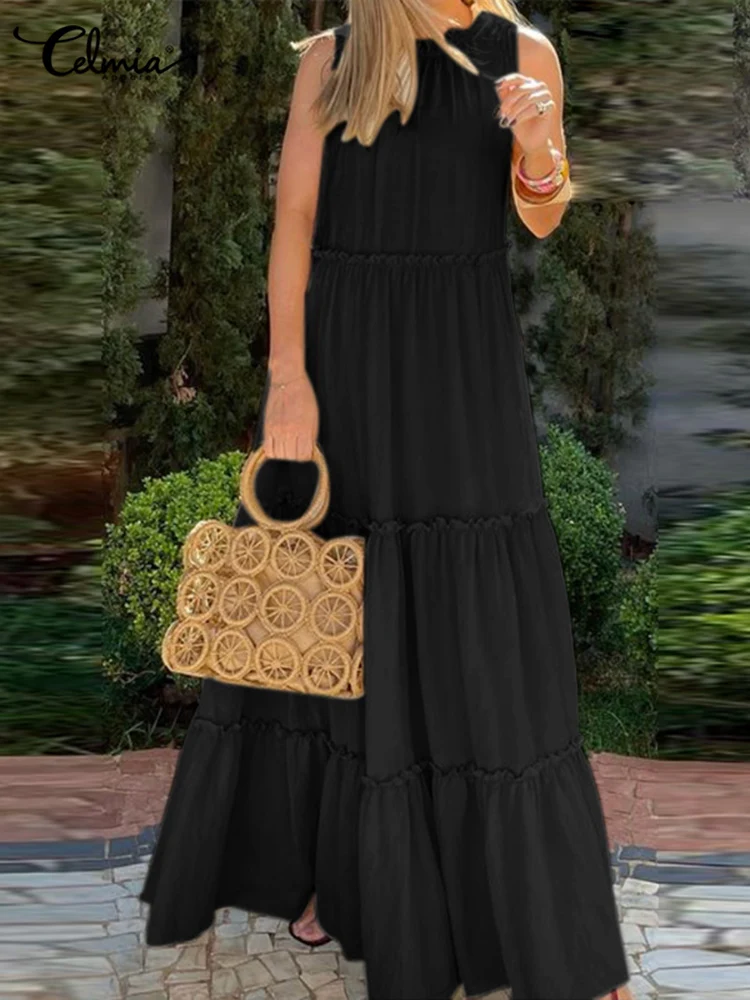 

Women Sleeveless Maxi Dress Celmia 2022 Summer Fashion Solid Long Tank Dress Casual O-neck Pleats Robe Holiday A-line Vestidos