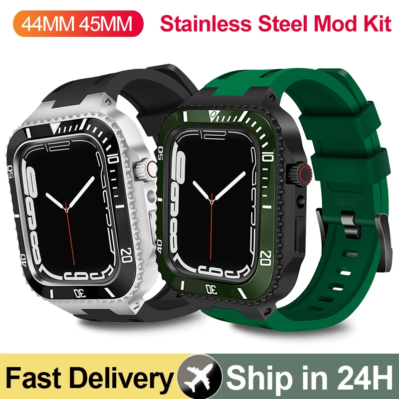 

Stainless Steel Bezel Silicone Strap for Apple Watch Band 44 45MM Mod Kit Luxury Protective Case for IWatch Series 8 7 SE 6 5 4