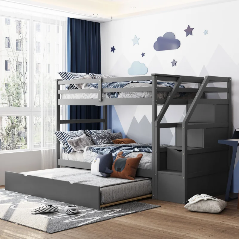 

Twin-Over-Twin Bunk Bed with Twin Size Trundle and 3 Storage Stairs\ Gray (OLD SKU :LP000064AAE) Gray Solid Wood