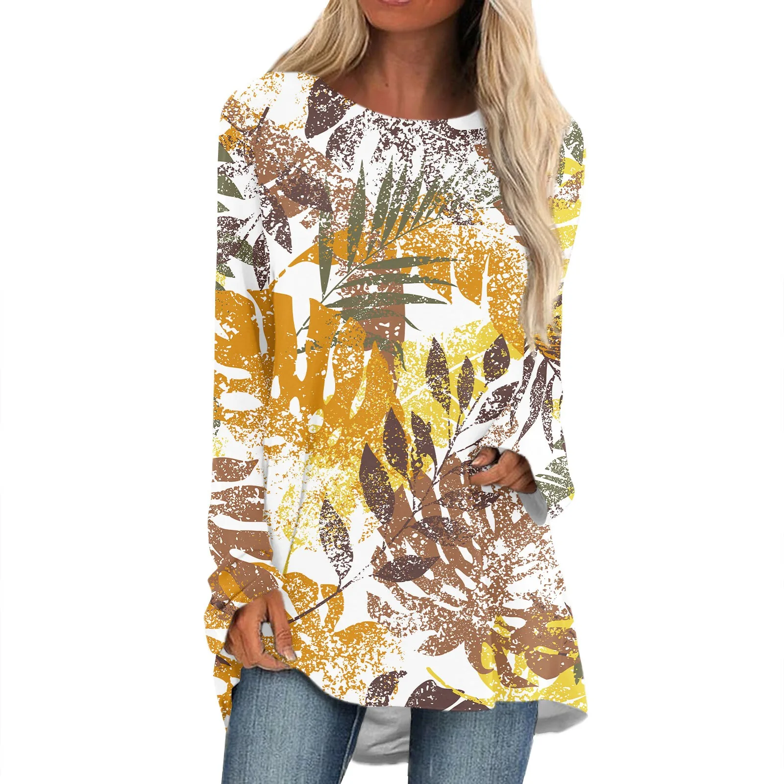 

2023 New T-Shirt Tops Women'S Fashion Casual Long Sleeve Tops Flower Printed Round Neck Versatile Daily Soft Tops Ropa De Mujer