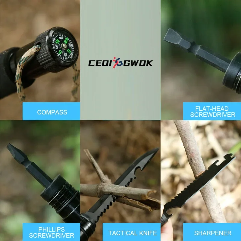 Фото Многофункциональные трекинговые палки CEOI GWOK, алюминиевые трекинговые палки, ручка из ЭВА для многофункциональных трекинговых палки для выживания №3