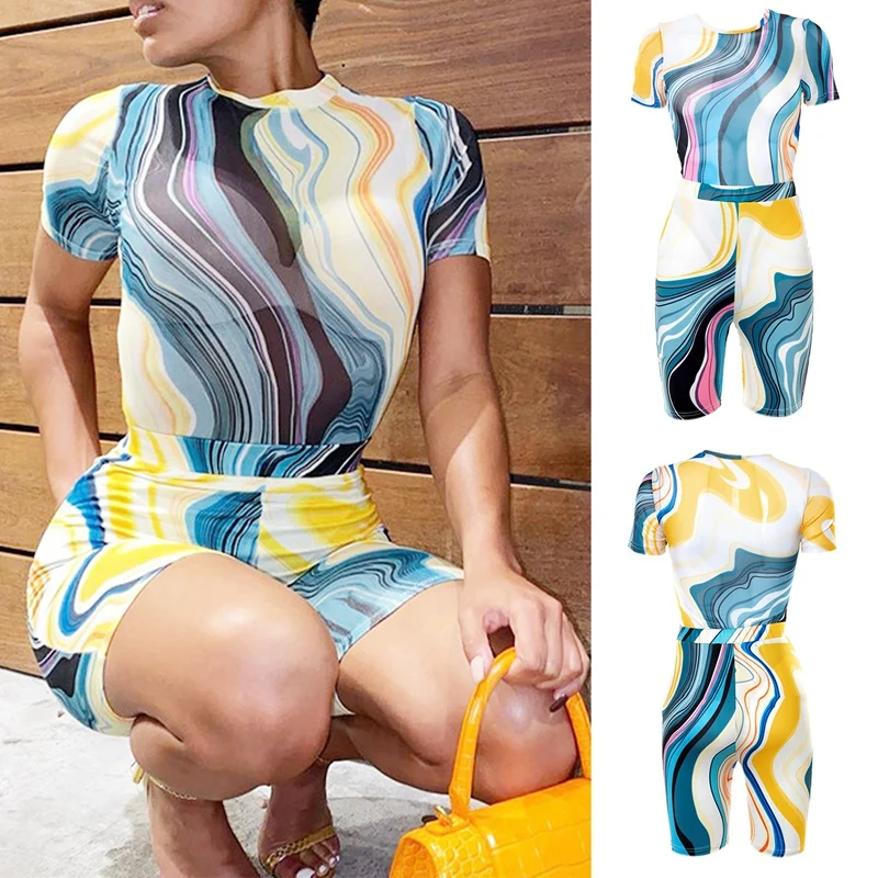 

Women Tie Dye Mesh Sport Suits Summer Short Sleeve Bodysuit High Waist Skinny Clubwear Vacation Shorts 2 Pcs Set
