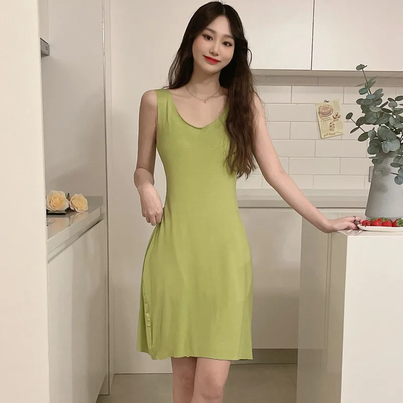 Night Shirt Sexy V-neck Modal Smooth Nightgown Women Sleeveless Vest Solid Sleep Dresses Short Mini Nightdress Female Night Gown
