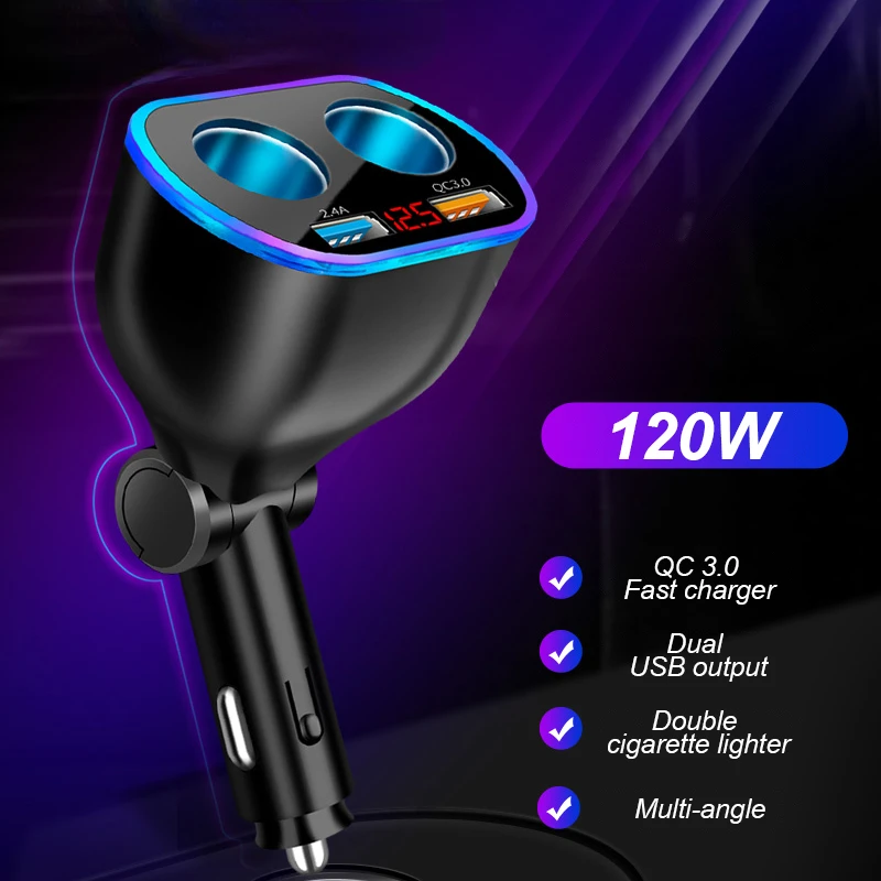

12V/24V 120W Sockets Cigarette Lighter Car Charger Splitter Adapter Multi Power Outlet LED Voltage Display Dual USB Port QC3.0