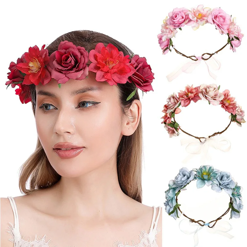 

Bohemian Floral Headband Beach Hawaii Floral Garland Colorful Faux Rose Flower Wedding Wreaths Bridal Flower Crown Headpieces