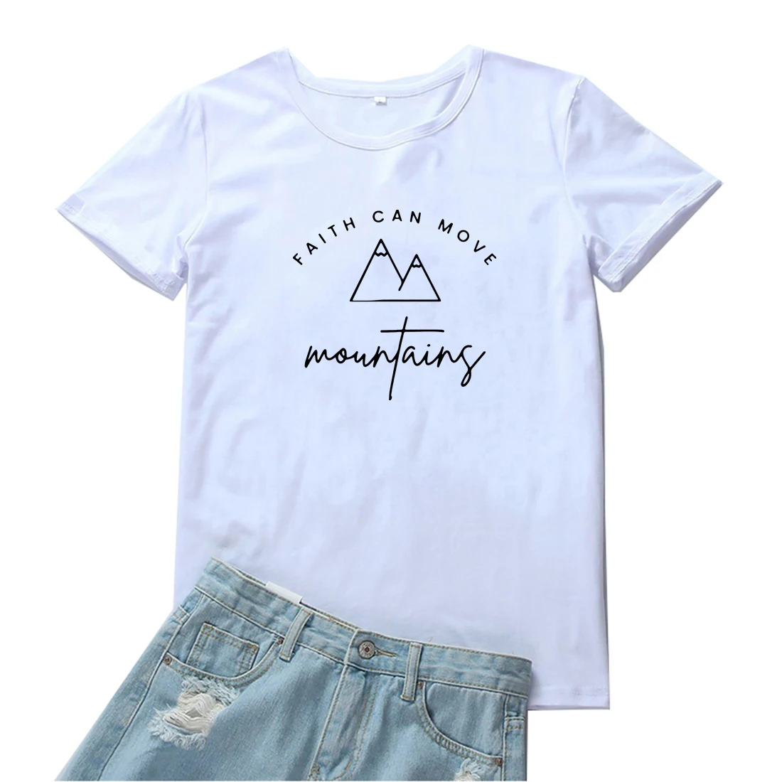 

Faith Can Move Mountains Women T-shirt Mountain and Sayings Graphic Tee Womens Funny Print Short Sleeves Loose Women Tshirt