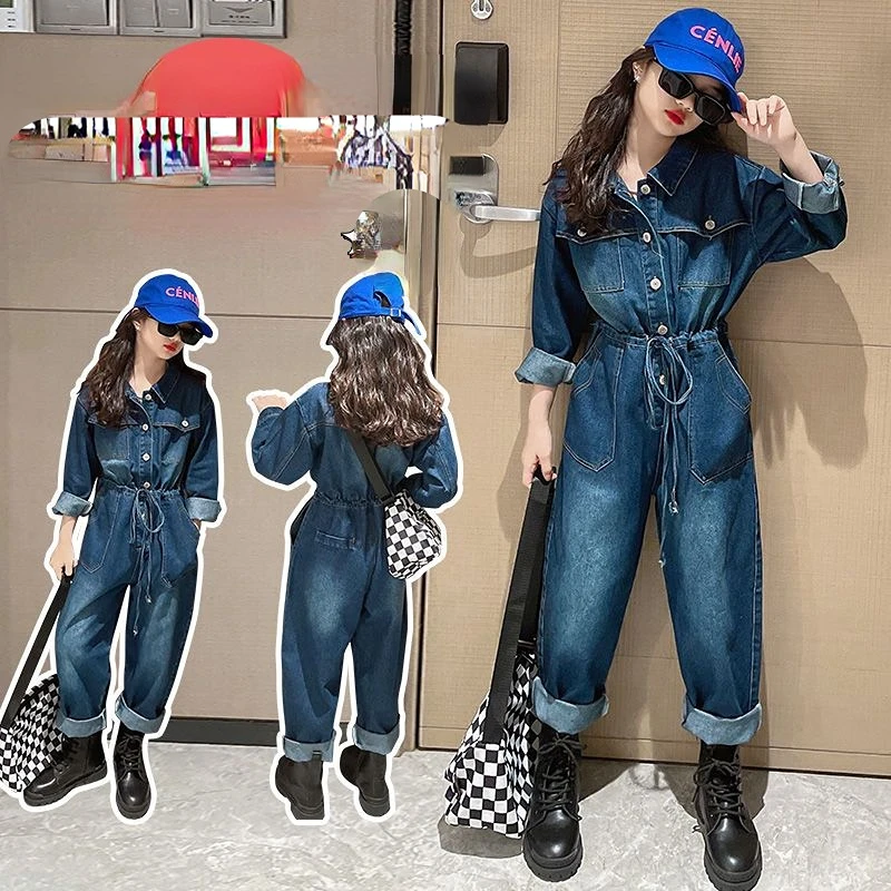 

2023 Teenage Girls Autumn Jumpsuit Jeans Overalls for Kids Clothes Set Pants Age 4-14 Years Children's Pants Jeans Outfits A75