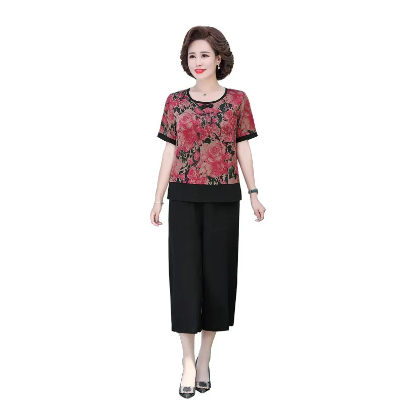 

Women Pants 2-Piece Set Female Summer Suit Middle-aged Mom Imitation Ice Silk Printing Set Casual Fashion Suit