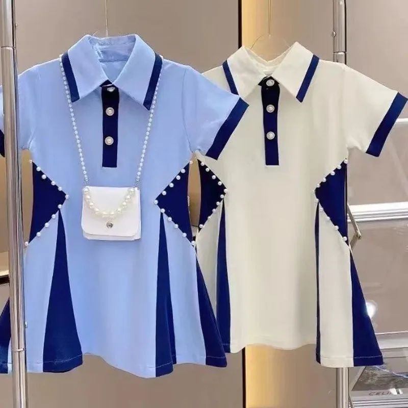 

Kids Girls Dress 2023 Summer New Polo Neck Short Sleeve Dress Princess Style Cute Color Matching Fashionable Dress Trend