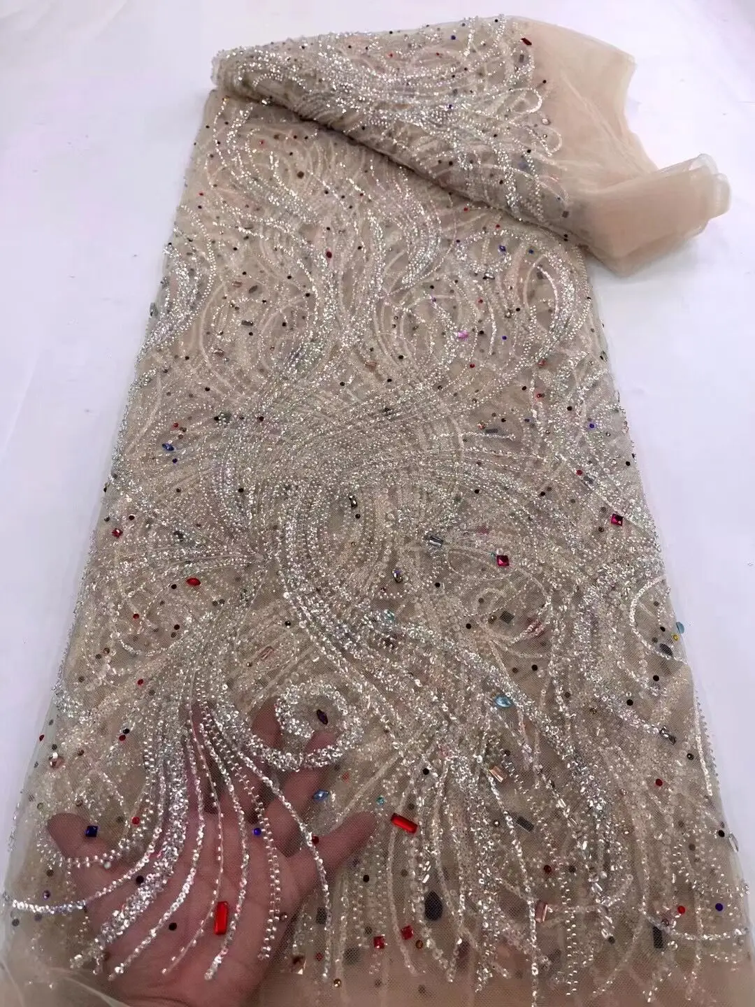 

French tulle Lace Fabric With Beads and stones J-1306221 mesh Lace Embroidery Wedding party evening Dress