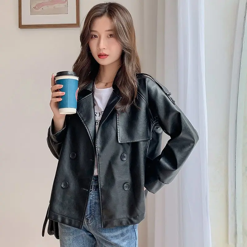 Leather Women's 2023 the new authentic style with a student's Korean version of a loose leather jacket women's jacket enlarge